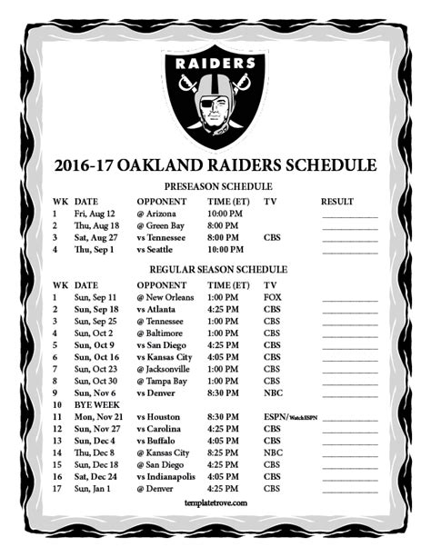 Printable 2016-2017 Oakland Raiders Schedule