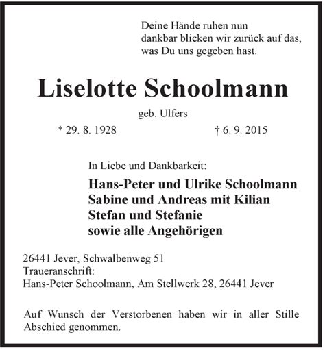 Traueranzeigen Von Liselotte Schoolmann Nordwest Trauer De