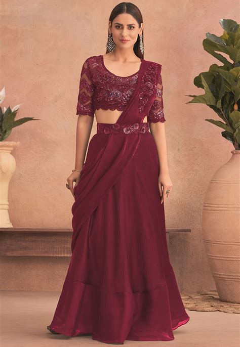 Pre Stitched Satin Georgette Lehenga Style Saree In Wine Skga