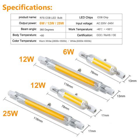 2x Dimmable R7s Led Light Bulb 78mm 118mm 6w 25w Cob Ceramic Glass Tube