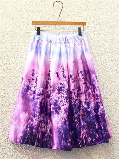 Womens Purple Skirt Pleated Lavender Printed A Line Knee Length Skirt