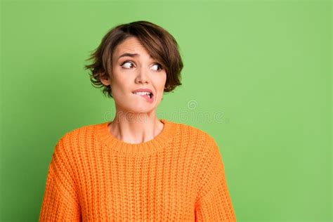 Portrait Of Stressed Nice Brunette Lady Bite Lip Look Empty Space Wear