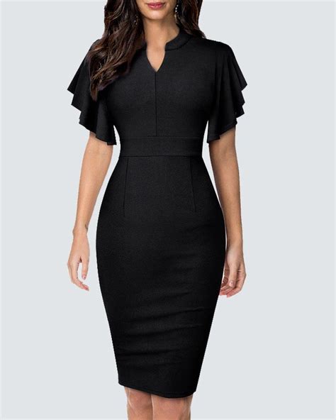 Vestido Midi Tubinho Manga Babado Preto Ufashionshop Bodycon Dress