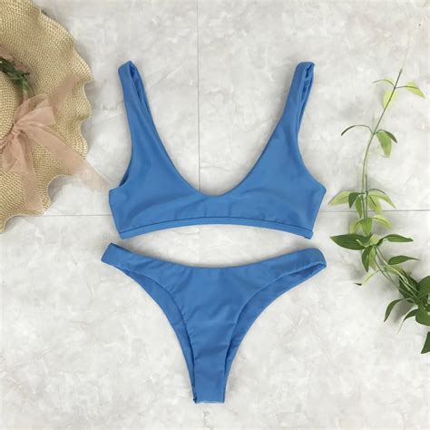 Bikini Blue Deep U Neck Women Sexy Bikinis Mujer Brasileno With