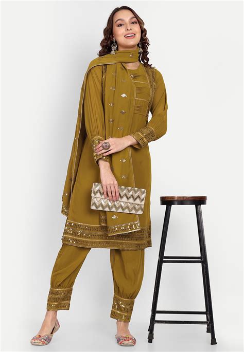 Mustard Georgette Readymade Pant Style Suit