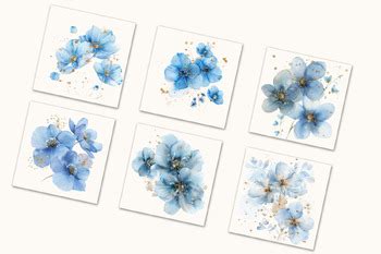 Abstract Blue Gold Flowers Watercolor Clipart By Aneta Design TPT