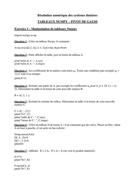 Python Tp Pivot De Gauss R Solution Num Rique Des Syst Mes