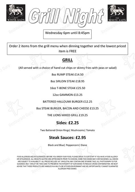 Menu at The White Lion pub & bar, Crewe, 35 Warmingham Rd