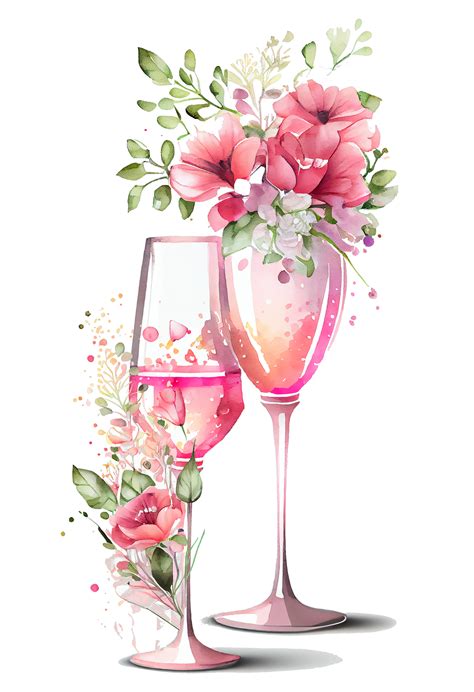 Watercolor Pink Wine Glass With Roses Card Design For Valentine S Day