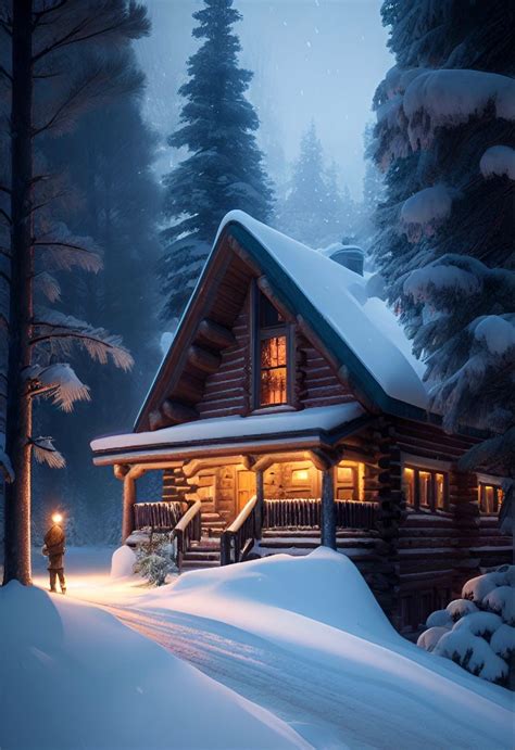 Snowy Log Cabin at Night