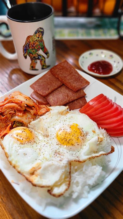 Spam Kimchi Eggs Over Steamed Rice Tomato Spicy Banana Ketchup And