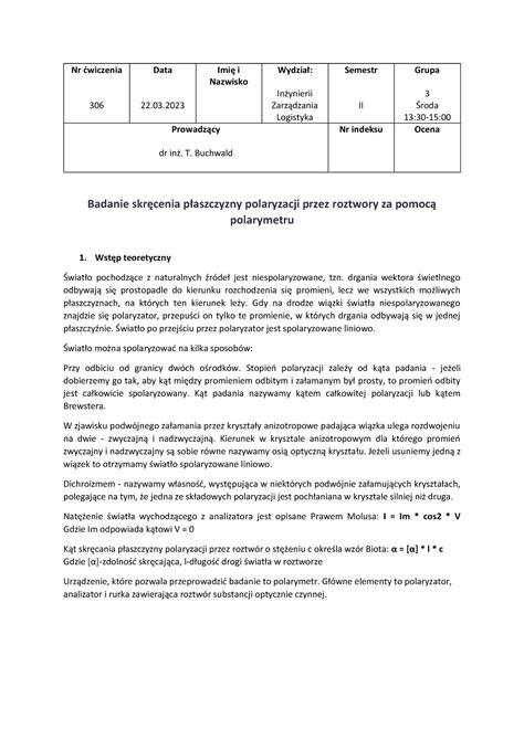 Sprawozdanie Nr Wiczenia Data Imi I Nazwisko Wydzia