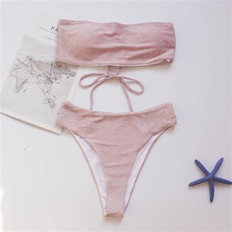 Pink Silver Shiny Ribbon Bikini High Waist Bikini On Luulla