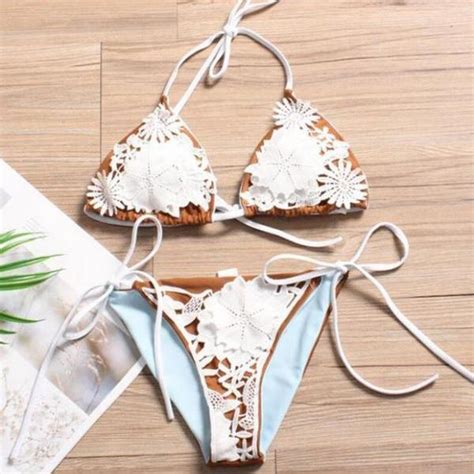 Sexy Beach Women Halter White Lace Flower Bottom Side Knoy Backless Two Piece Bikini Swimwear