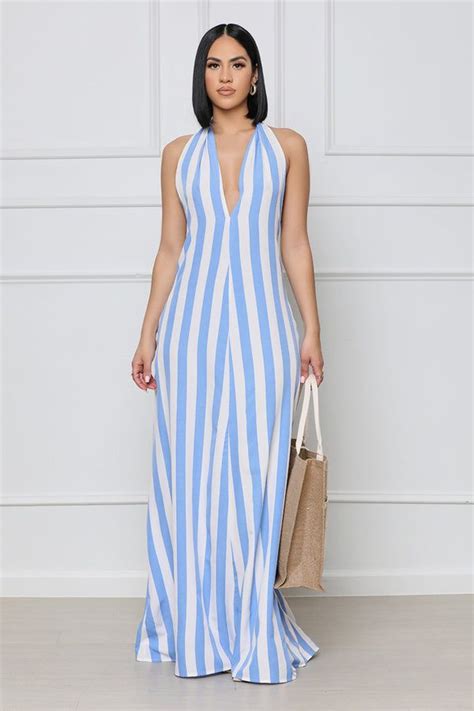 Striped Backless Halter Maxi Dress Blue White Lilly S Kloset In