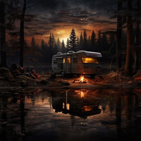 Premium Photo There Is A Camper Trailer Parked In The Woods By A Lake