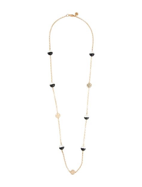 Tory Burch Faux Pearl Evie Dipped Rosary Necklace Black Gold Tone