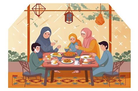 Dibujo De La Familia Musulmana Eid Mubarak Cenando Iftar Stock De