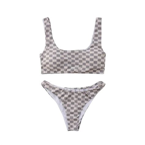 Swimwear Summer Women Triangle Plaid Two Piece Bikini Bandage Sexy Push