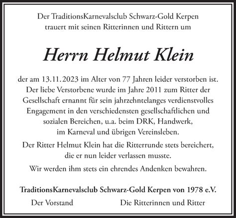 Traueranzeigen Von Helmut Klein WirTrauern