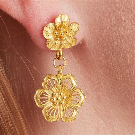 Gold Plated Filigree Double Drop Flower Stud Earrings By Rochejewels