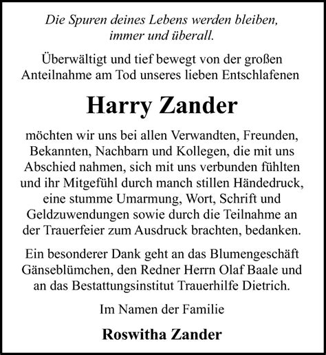 Traueranzeigen Von Harry Zander Trauer Anzeigen De