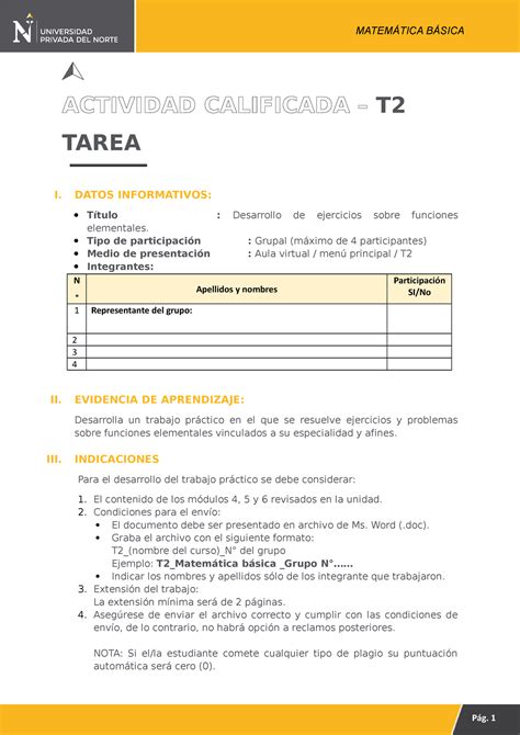 MATE Basica T2 ACTIVIDAD CALIFICADA T TAREA I DATOS INFORMATIVOS