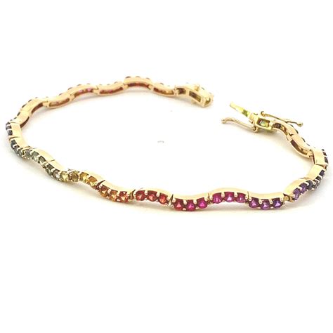 Rainbow Sapphire Yellow Gold Wavy Tennis Bracelet For Sale At 1stdibs