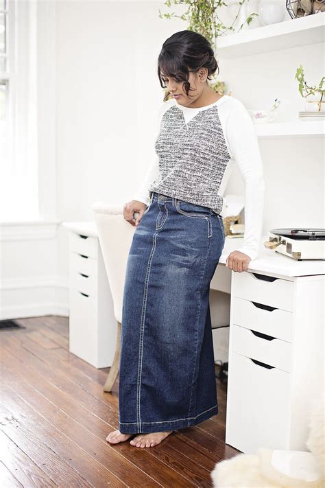 Jillian Long Distressed Denim Skirt Long Denim Skirt Outfit