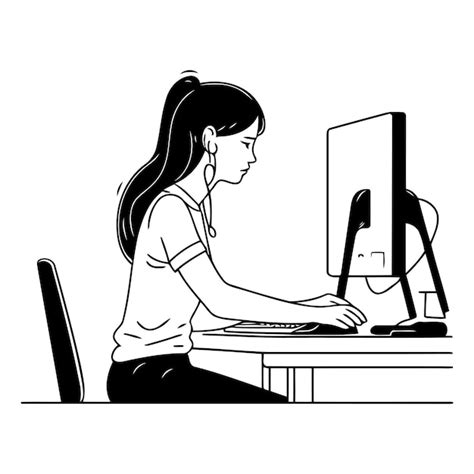 Premium Vector Woman Working At The Computer In Black And White Colors