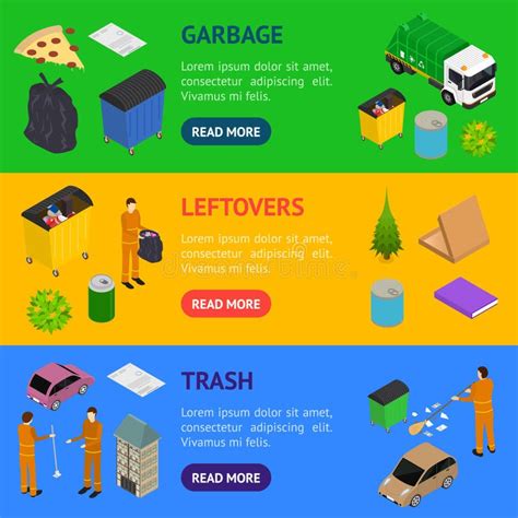 Garbage Recycling Concept Banner Horizontal Set 3d Isometric View