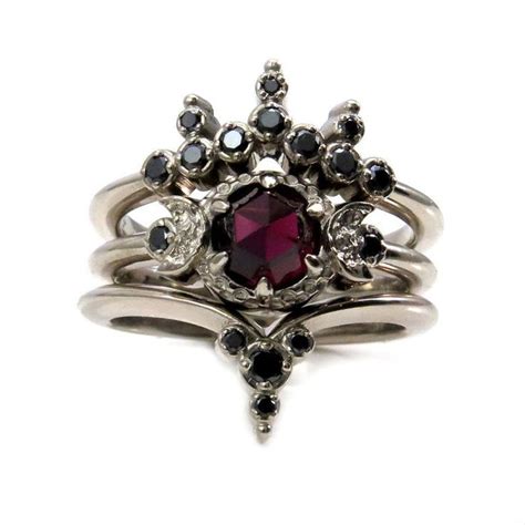 Blood Moon Gothic Engagement Ring Set Rose Cut Garnet With Black