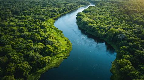 Aerial View Of A Winding River Through Lush Landscapes Stock Image