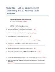 330 Lab9 Docx CSIS 330 Lab 9 Packet Tracer Examining A MAC Address