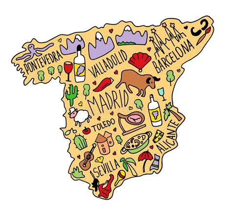 Cartoon Map Of Spain Travel Illustration With Spanish Landmarks