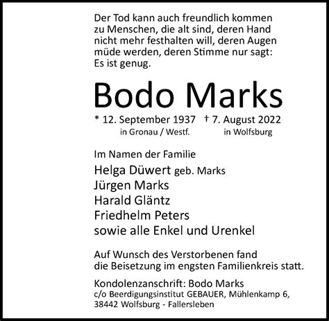 Traueranzeigen Von Bodo Marks Trauer Anzeigen De