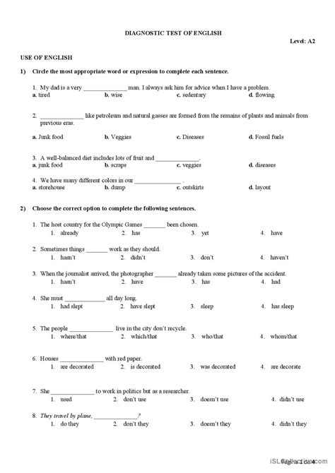 Diagnostic Test A2 English Esl Worksheets Pdf And Doc