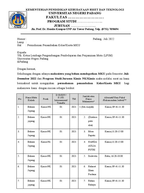 Template Permohonan Penambahan Kelas Atau Kuota Mku 5 Pdf