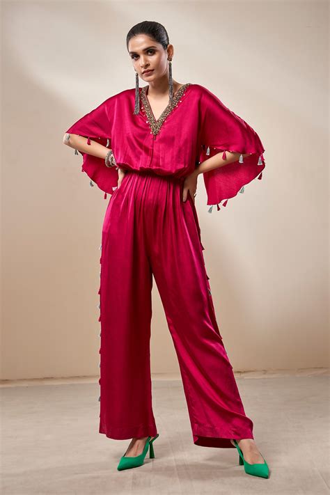 Buy Pink Satin Linen Embroidery Cutdana V Neck Neckline Jumpsuit For