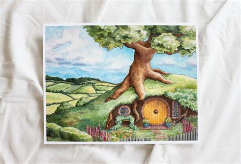 Hobbit Hole Art Print Lord Of The Rings Watercolor The Shire Painting