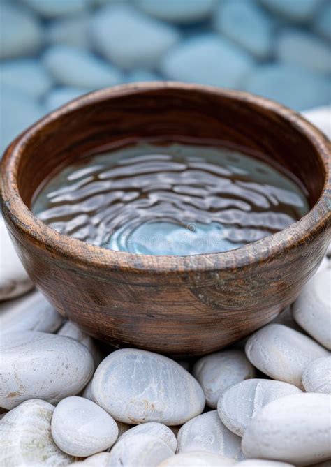 wooden bowl filled  clear water  pebbles stock illustration