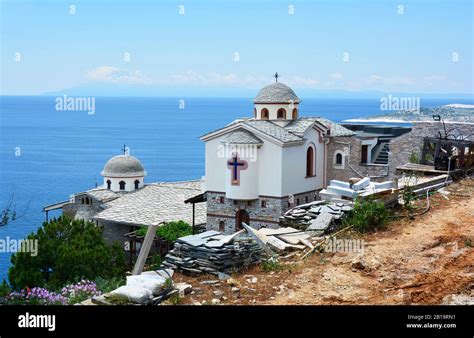 Greece Thassos Island Monastery Archangelou On Aegean Sea With Mount