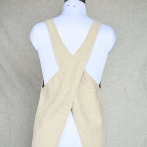 Cross Back Linen Apron Pinafore V Neck Japanese Apron With Functional