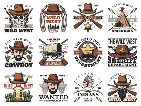 Cowboy and western sheriff skulls. Wild West icons 16544692 Vector Art ...