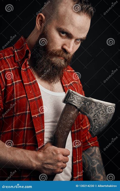 Bearded Male Holding Axe And Posing In Studio Stock Photo Image Of