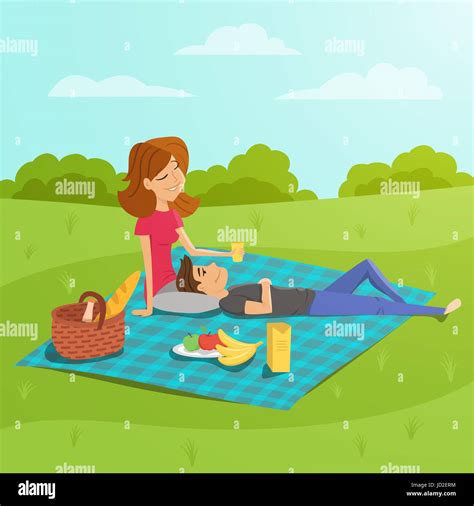 Vector Illustration Of Young Happy Couple Having Picnic In The Park