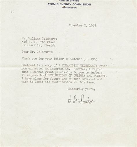 Admiral Hyman G Rickover Typed Letter Signed 11 02 1965