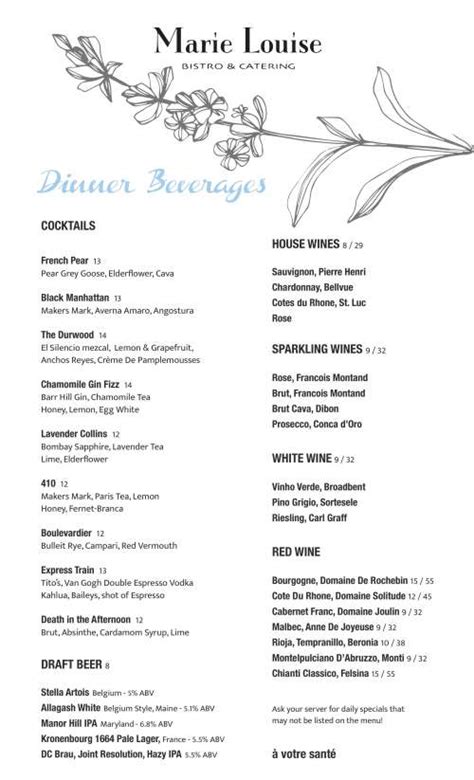 Marie Louise Bistro Menu In Baltimore Maryland Usa