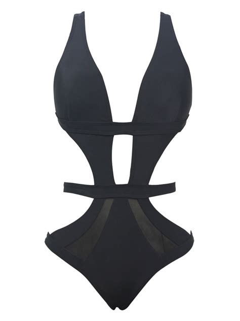 Black Monokini Swimsuit Sexy Cut Out Plunging Neck Bathing Suit For