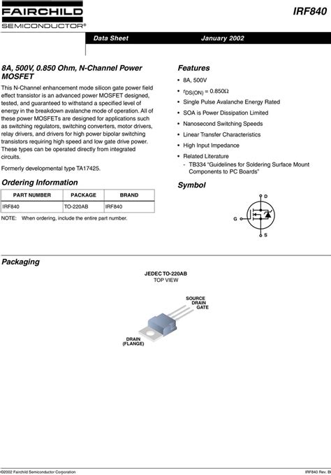 IRF840 8A 500V Ohm N Channel Power MOSFET Features Ordering